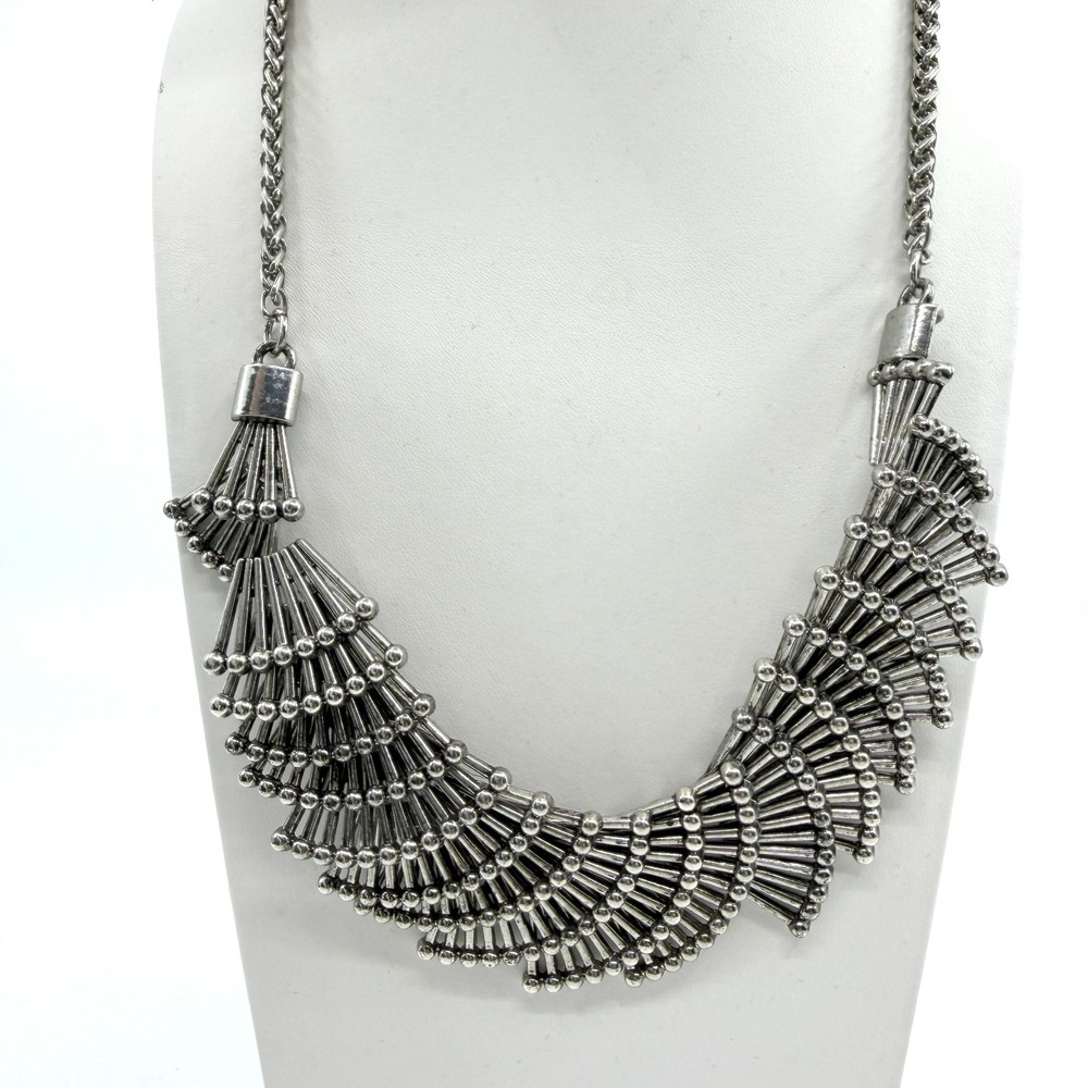 Silver Tone Fringe Bib Necklace - Chunky Boho Festival Jewelry